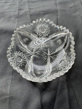 Vintage American Brilliant Candy / Nut Cut Glass Sawtooth w Sunburst 5" Wide